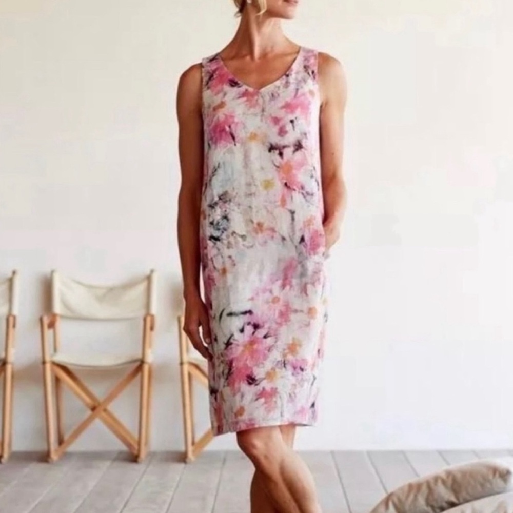 Pure Jill 100% linen sleeveless watercolor floral midi dress siz M